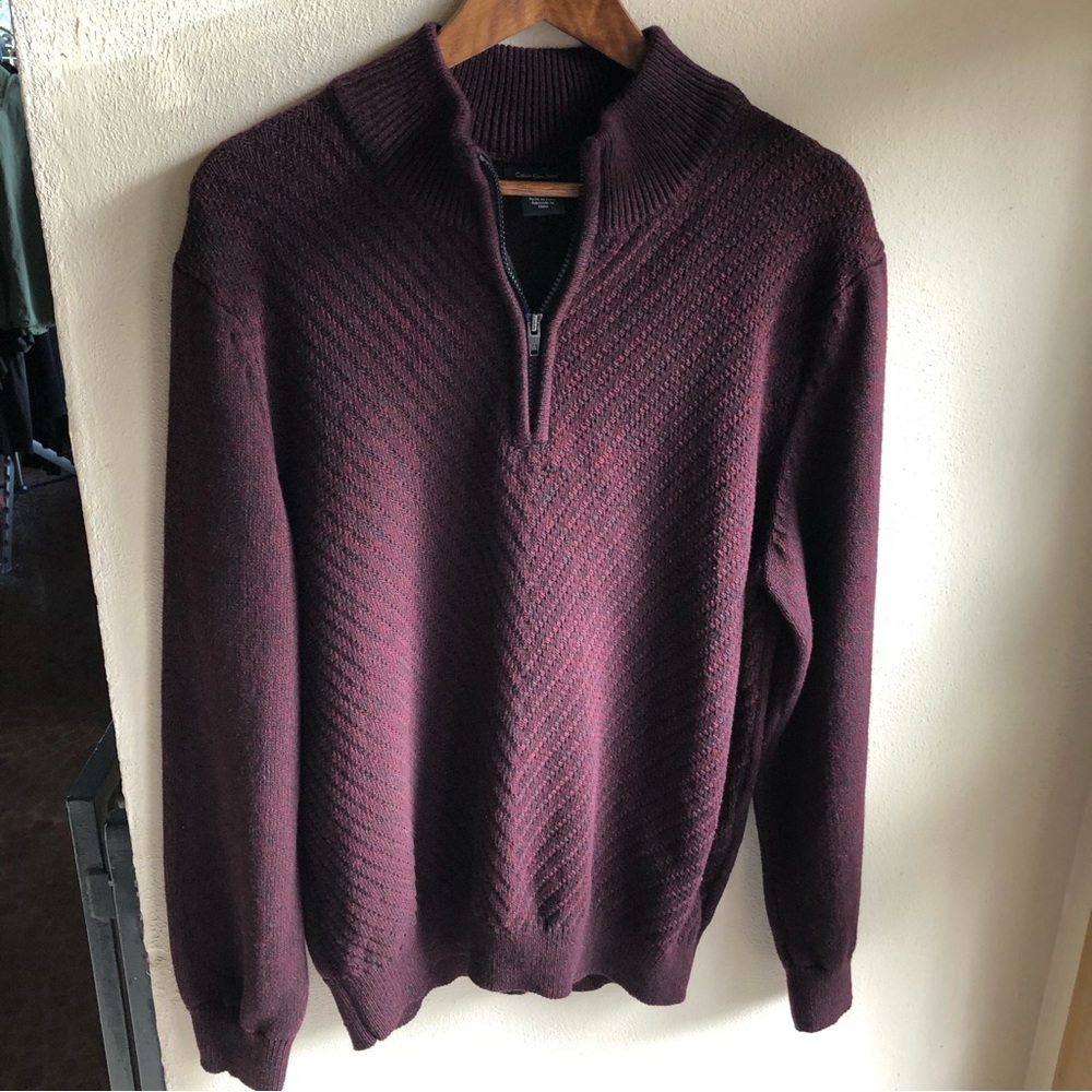 Calvin Klein 1/4 Zip Cotton Sweater. Burgundy/ Black Marled. XL